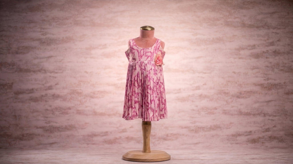 Girls' Pink Printed Pleated Dress