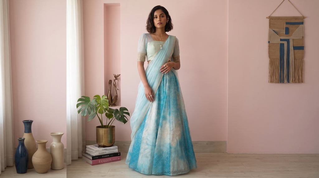 Celeste Blue Organza Lehenga Set