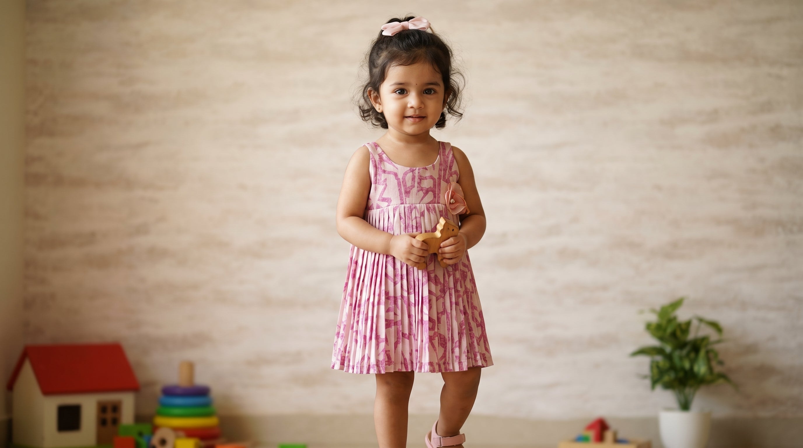 Girls' Pink Printed Pleated Dress