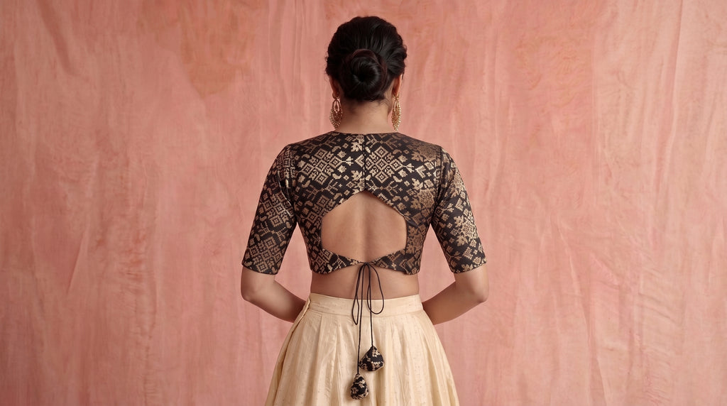 Noir Brocade Blouse & Ivory Tussar Silk Skirt Set