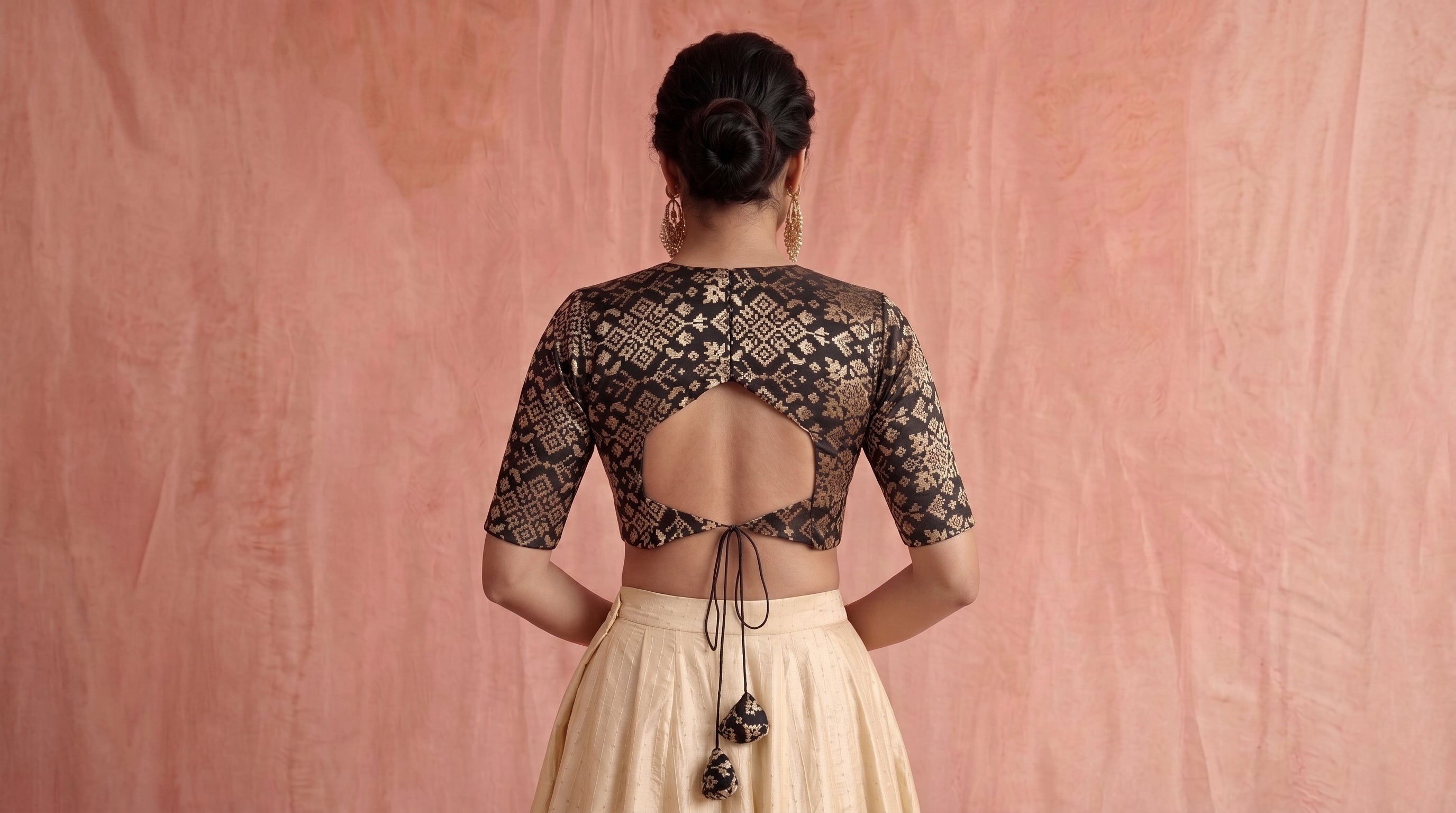 Noir Brocade Blouse & Ivory Tussar Silk Skirt Set