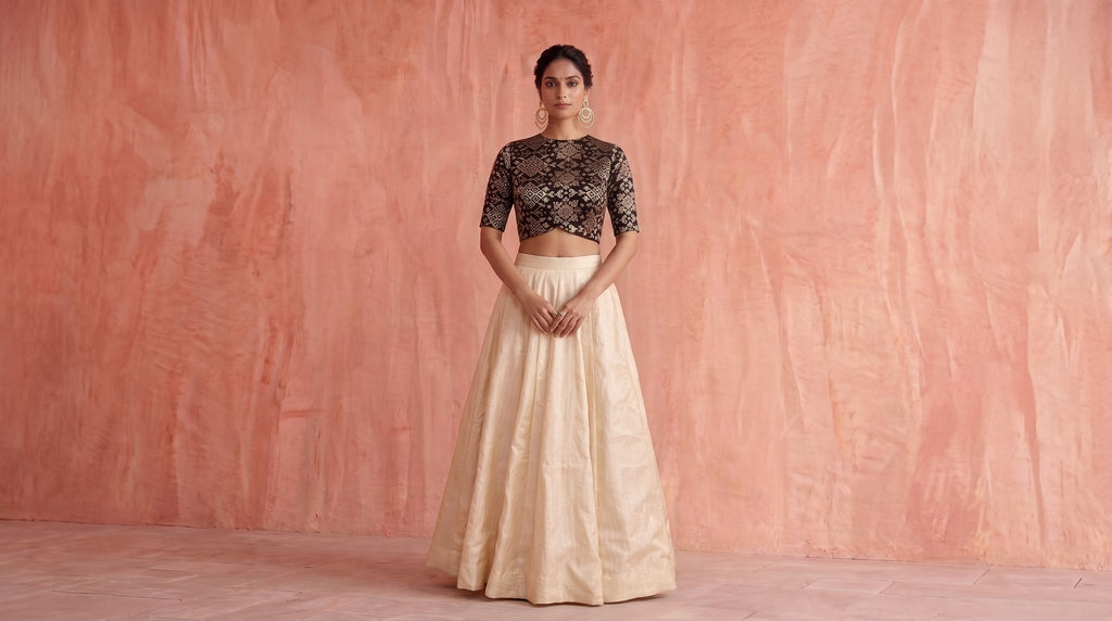 Noir Brocade Blouse & Ivory Tussar Silk Skirt Set