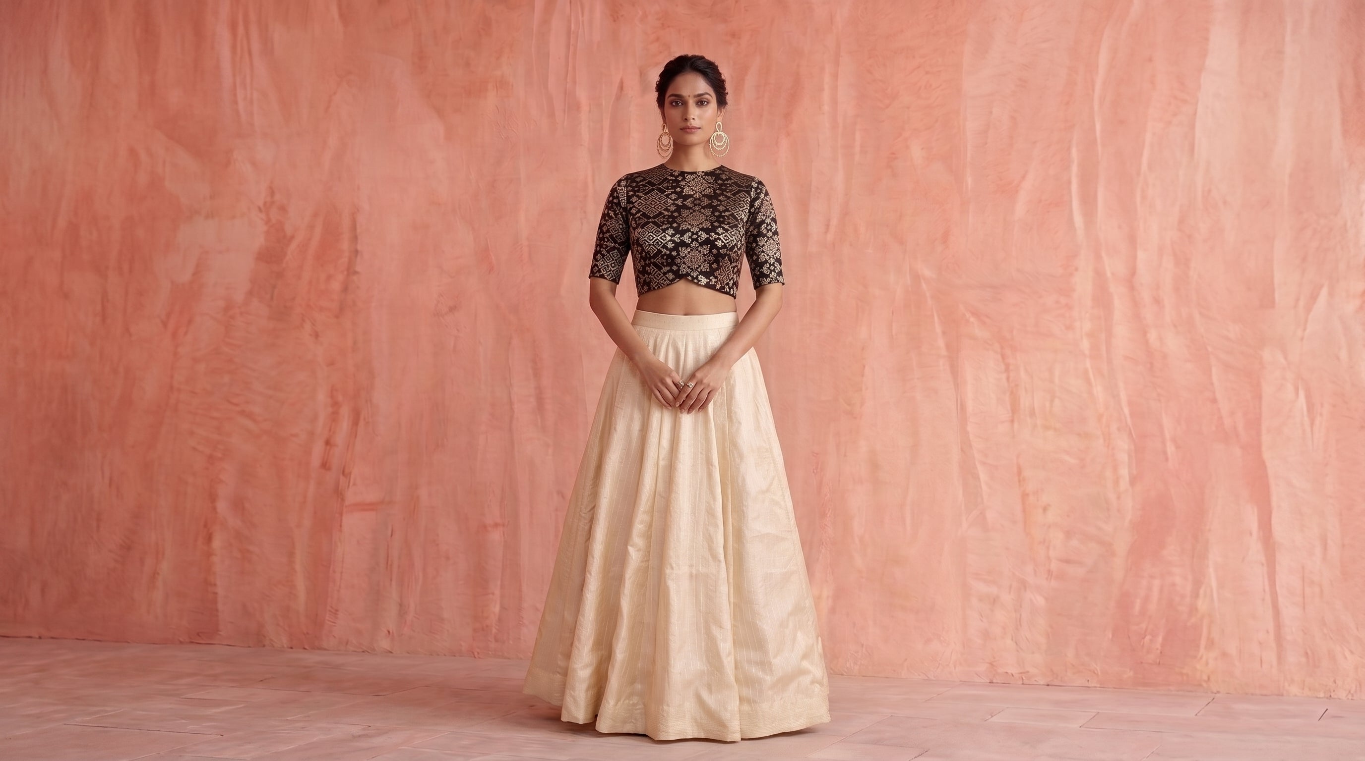 Noir Brocade Blouse & Ivory Tussar Silk Skirt Set