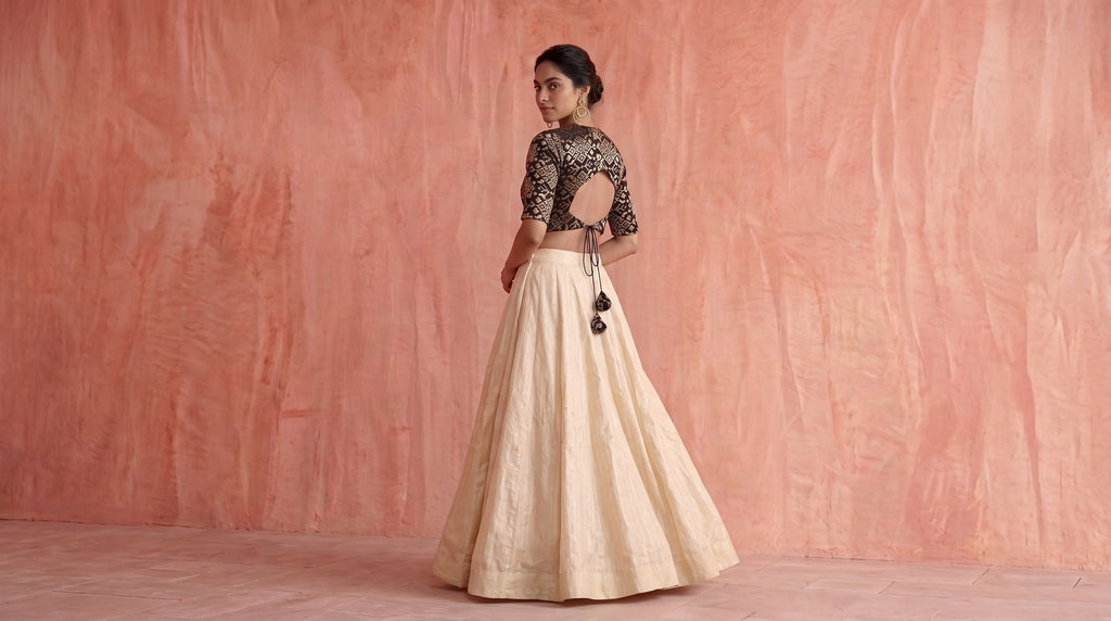 Noir Brocade Blouse & Ivory Tussar Silk Skirt Set