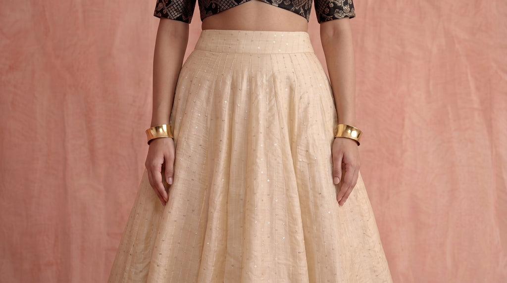 Noir Brocade Blouse & Ivory Tussar Silk Skirt Set