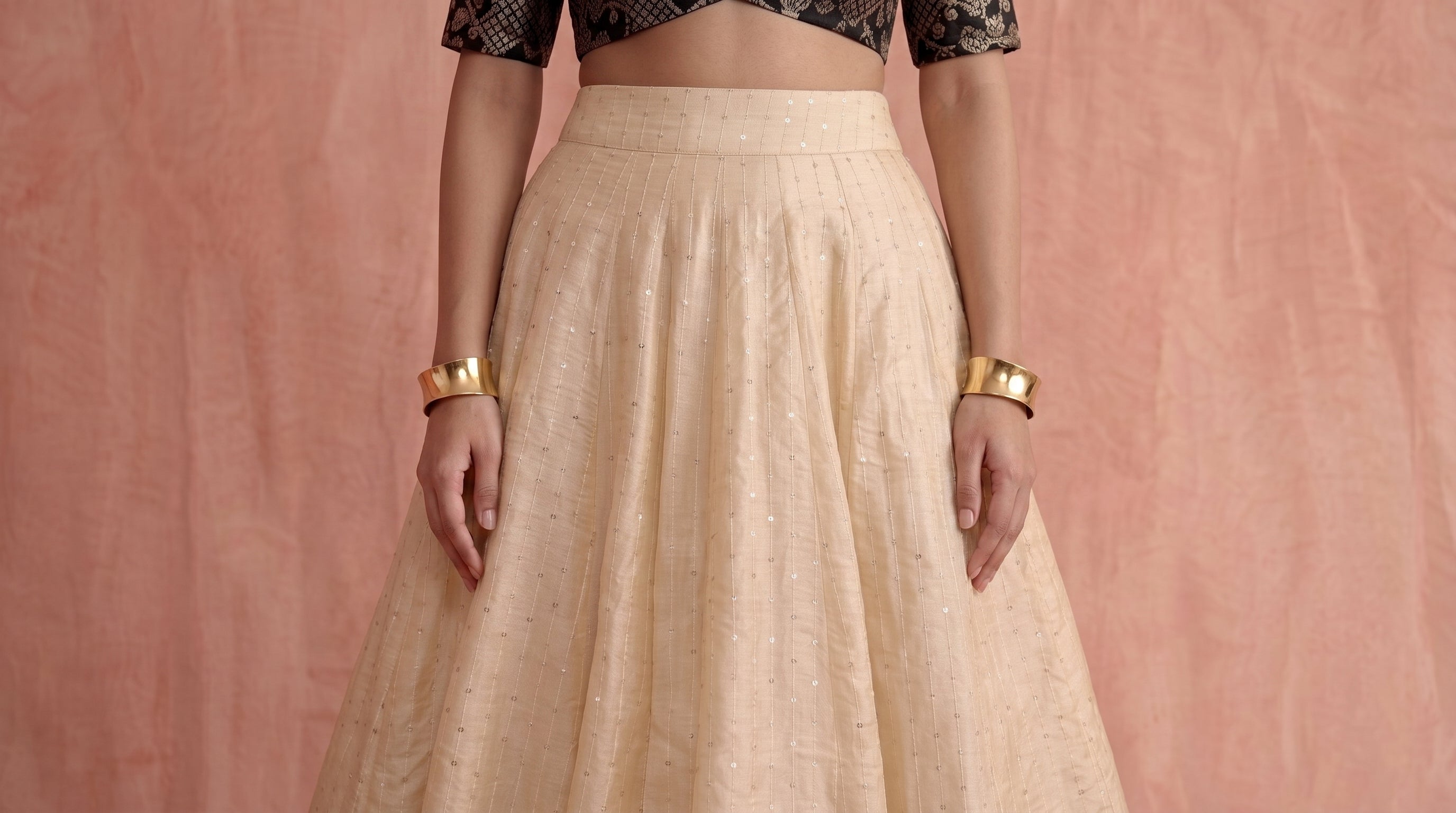 Noir Brocade Blouse & Ivory Tussar Silk Skirt Set