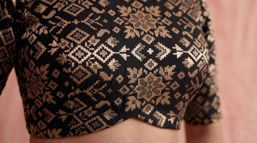 Noir Brocade Blouse & Ivory Tussar Silk Skirt Set