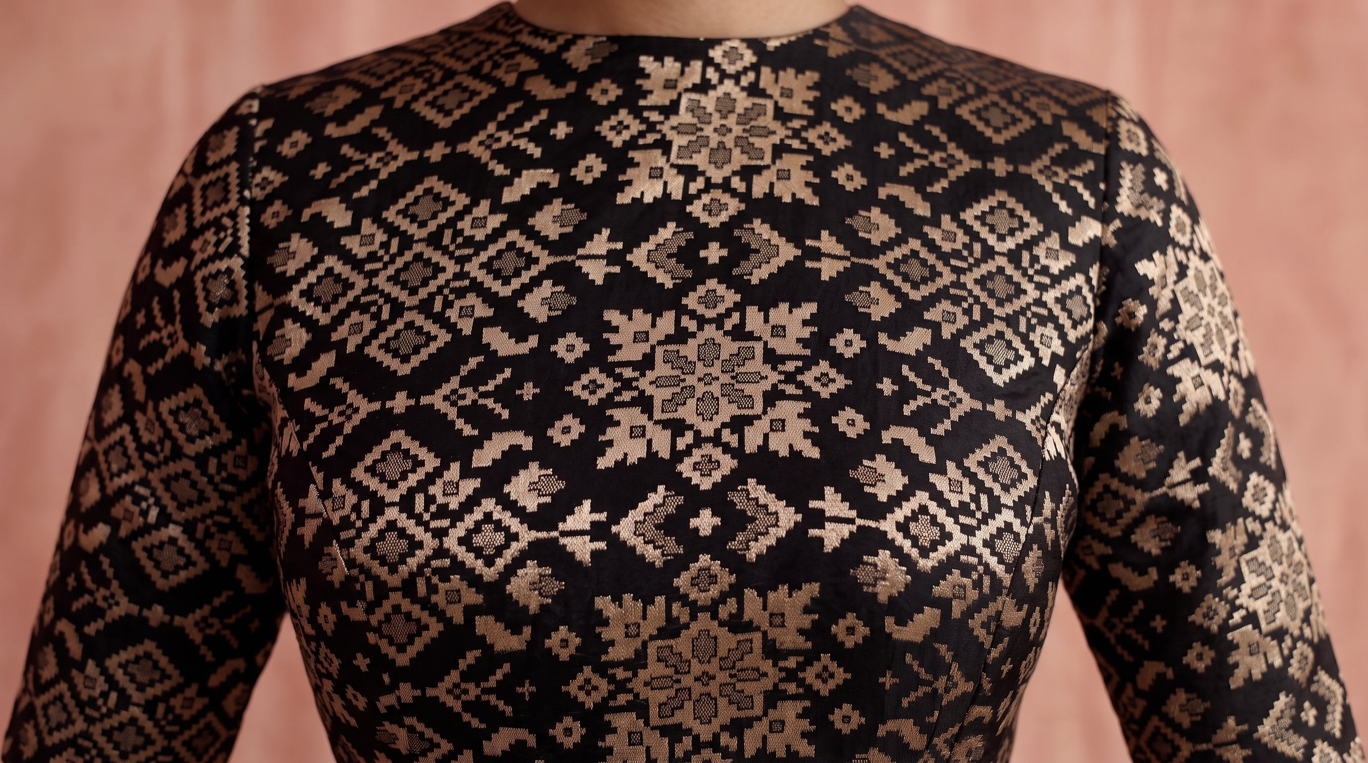 Noir Brocade Blouse & Ivory Tussar Silk Skirt Set